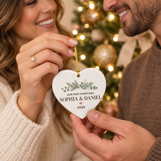 Personalized round ceramic family ornament with gold gift packaging