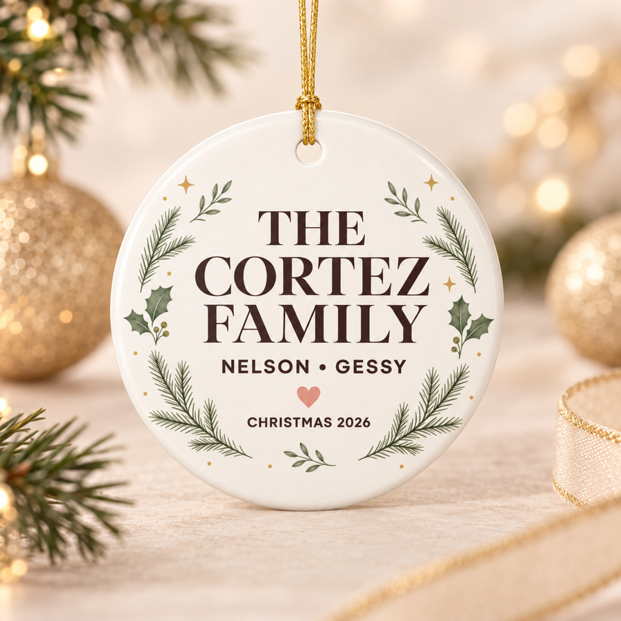 Personalized family Christmas round ceramic ornament with names and year