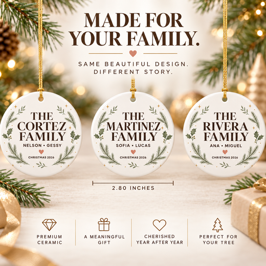 Front and back two-sided print views of round family Christmas ornament