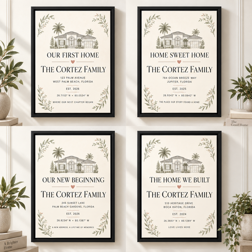 Collage of four personalized First Home coordinates canvas title and address examples