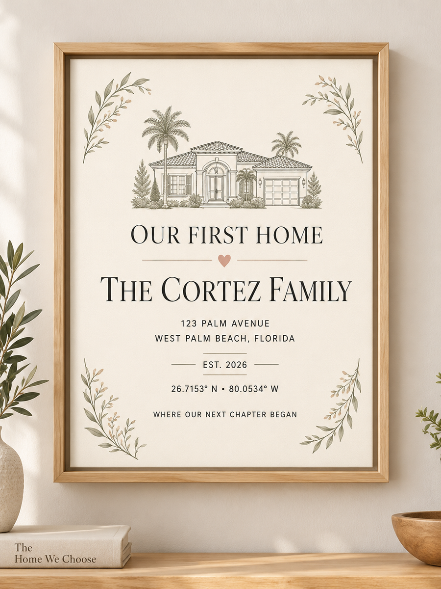 Personalized First Home coordinates canvas with address year location and geographic coordinates