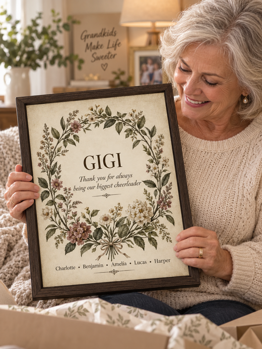 Grandmother holding personalized Gigi botanical canvas with custom message and names