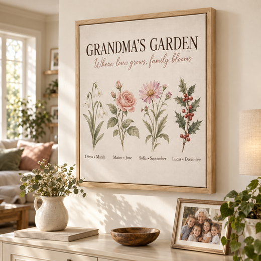 Personalized Grandma birth flower canvas in a natural pine frame