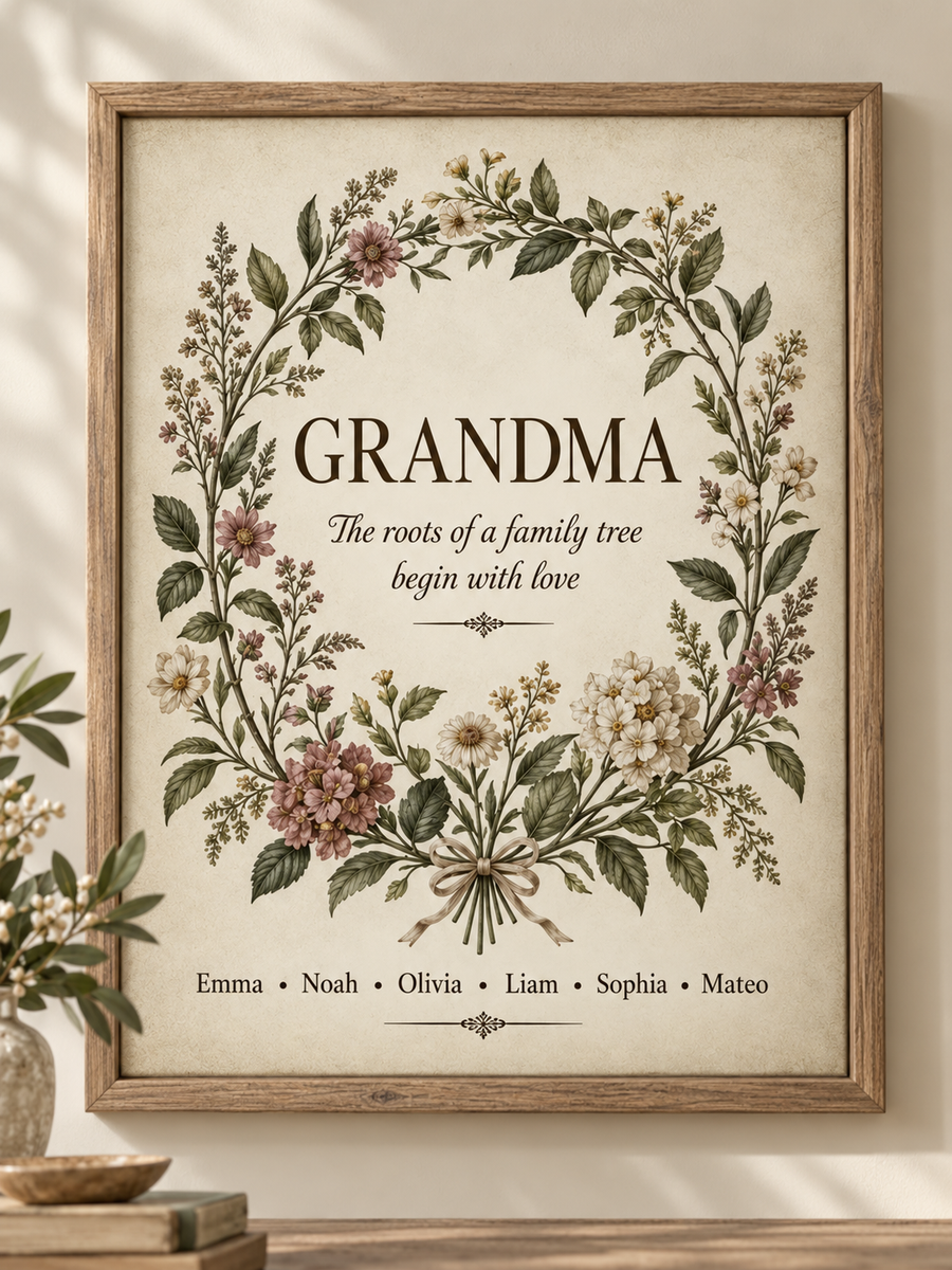 Personalized Grandma botanical canvas with fixed floral wreath and family names