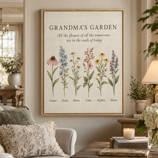 Personalized Grandma’s Garden canvas with grandchildren names in a natural frame