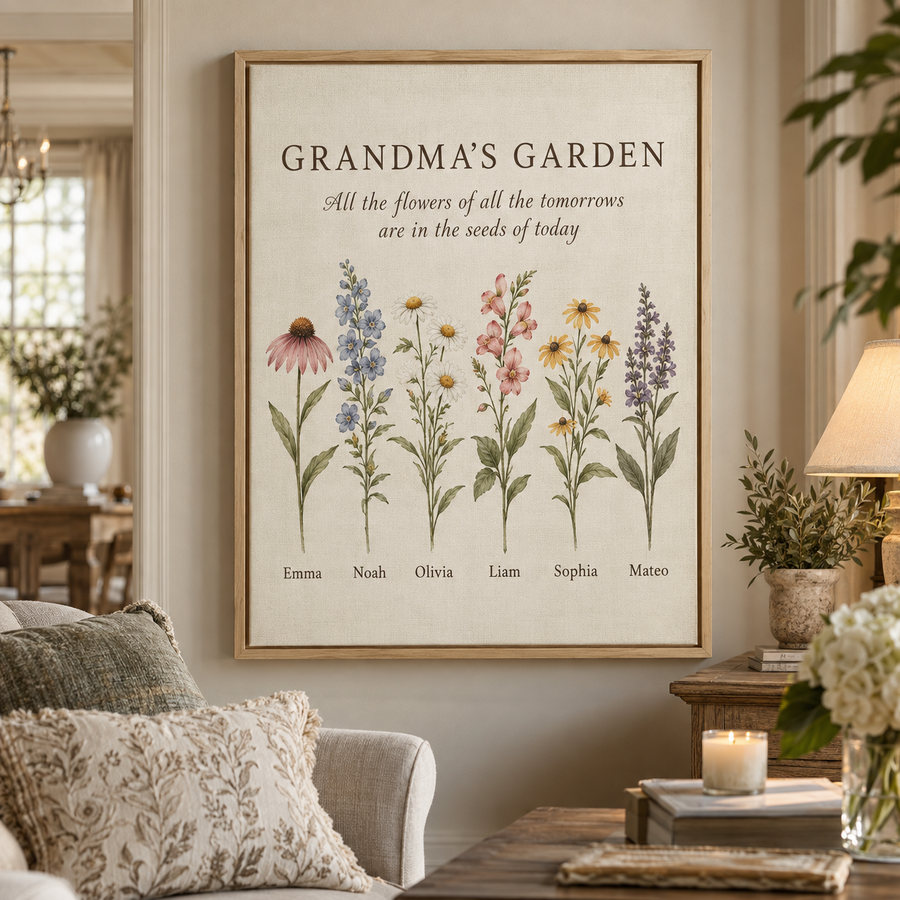 Personalized Grandma’s Garden canvas with grandchildren names in a natural frame