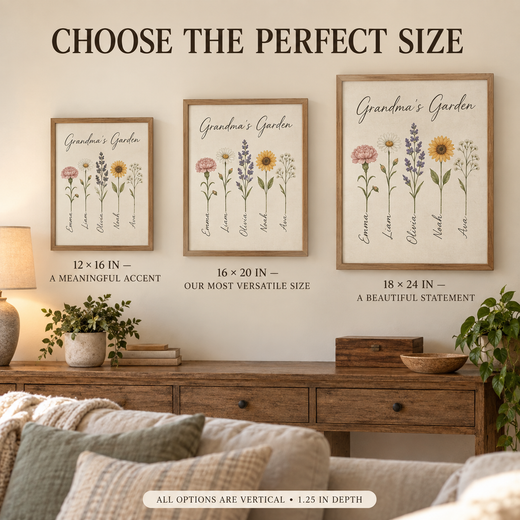 Grandma’s Garden canvas size guide for 12 by 16, 16 by 20 and 18 by 24 inches