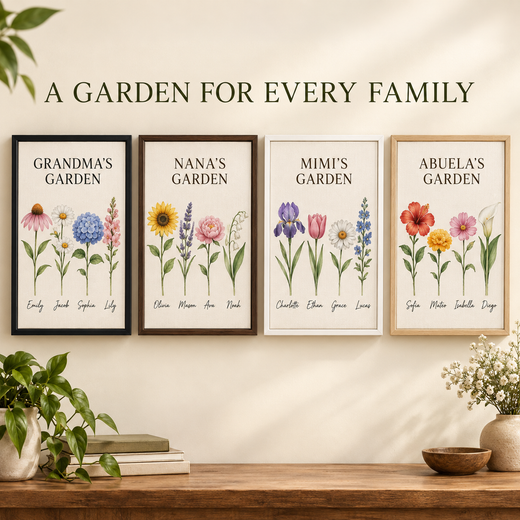 Collage of personalized garden canvases for Grandma, Nana, Mimi and Abuela