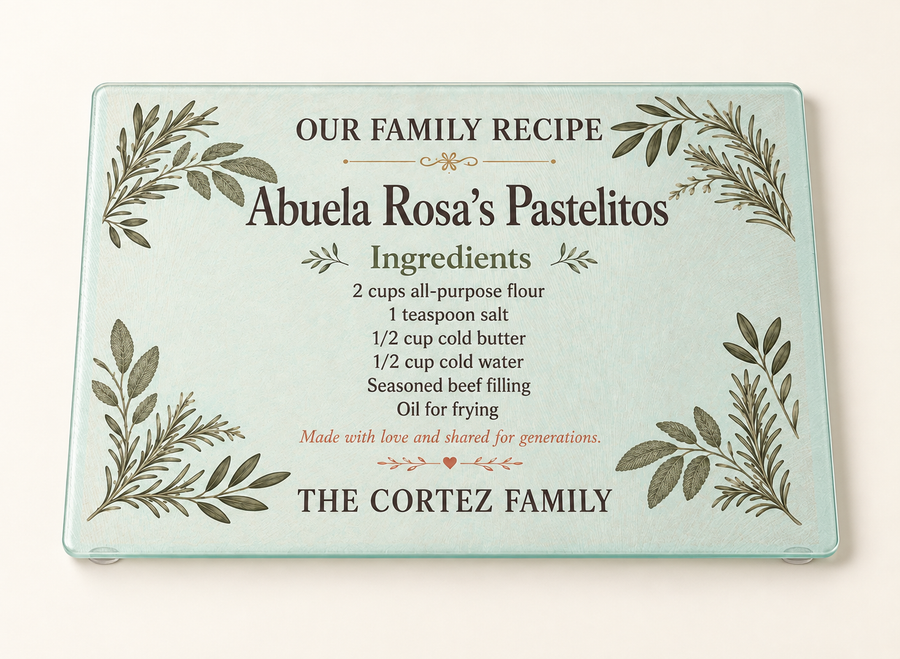 Personalized handwritten family recipe glass cutting board in 11 by 15 inch size