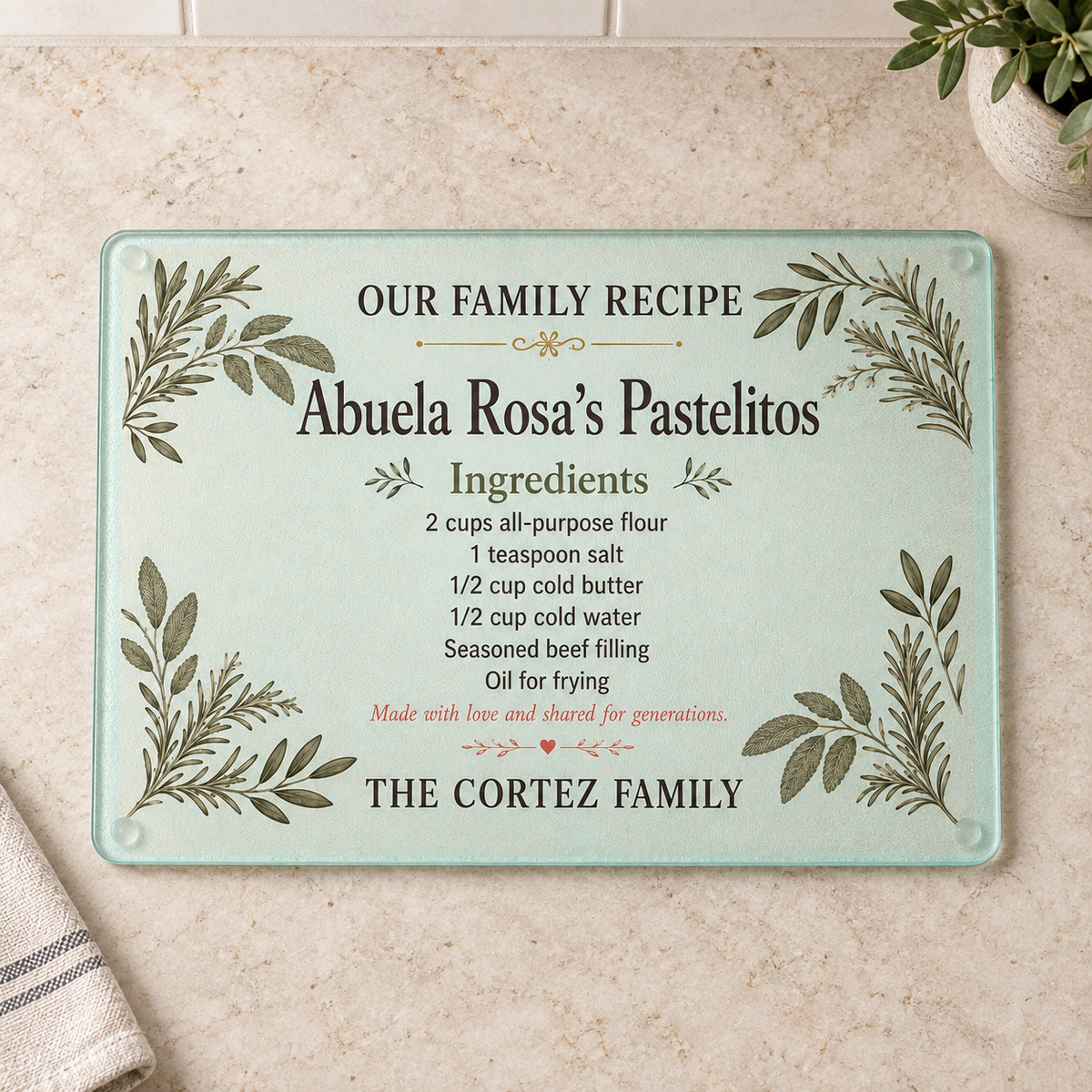 Personalized handwritten family recipe glass cutting board in 8 by 11 inch size