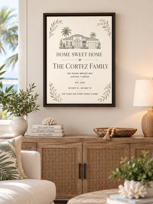 Home Sweet Home coordinates canvas displayed in a warm Florida-inspired living room