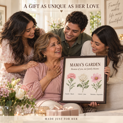 Latina mother receiving a personalized Mama birth flower canvas