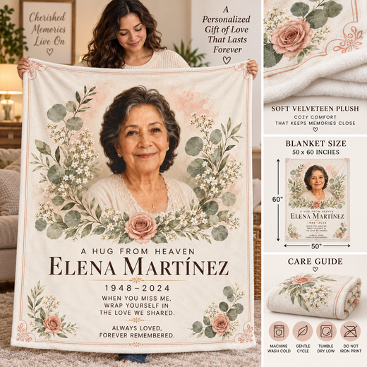 Care instructions and 50 by 60 inch size for personalized memorial blanket