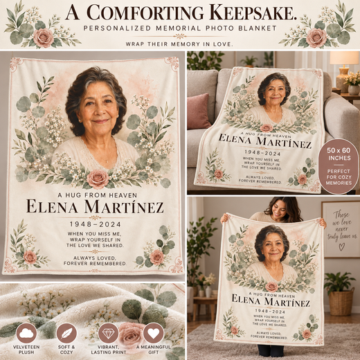 Lifestyle collage of personalized memorial photo blanket with one portrait