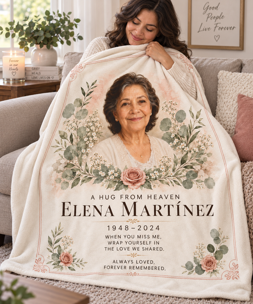 Woman wrapped in a personalized memorial photo blanket for comfort