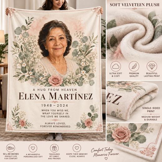 Soft velveteen plush material and single-sided print details of memorial blanket