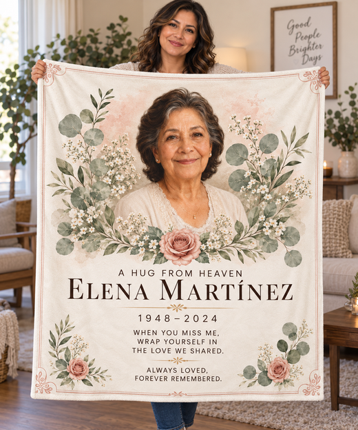 Adult holding a 50 by 60 inch memorial photo blanket with one portrait