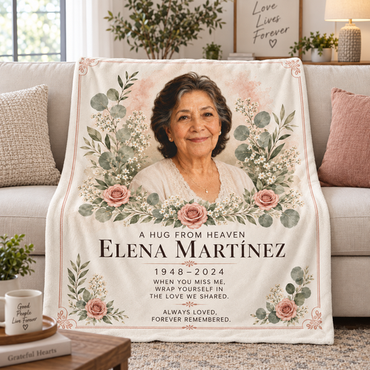 50 by 60 inch personalized memorial blanket displayed at realistic scale on a sofa