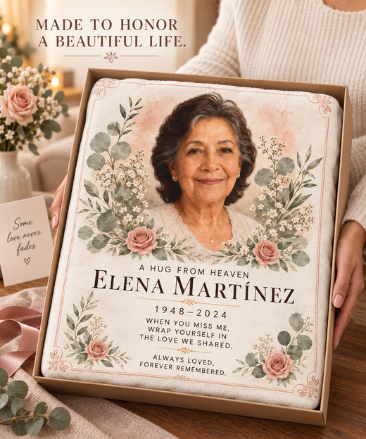 Personalized memorial photo blanket presented respectfully as a sympathy gift