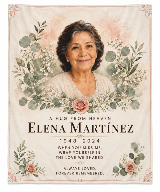 Personalized memorial photo blanket with one portrait name dates and remembrance message