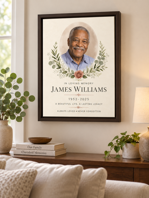 Personalized James Williams memorial photo canvas displayed in a living room