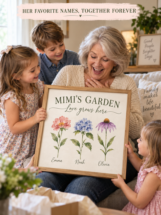 Grandmother receiving a personalized Mimi’s Garden canvas gift