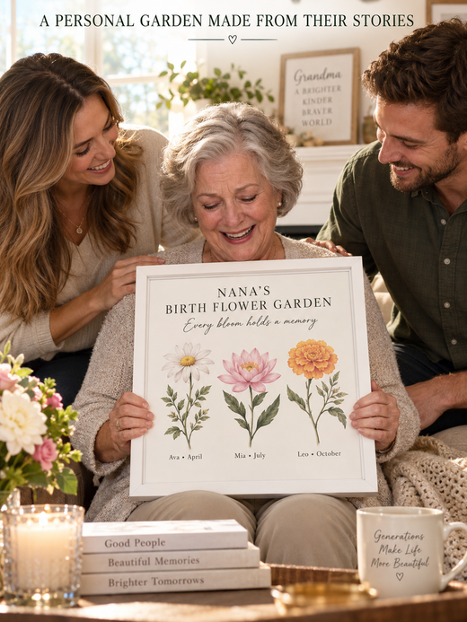 Grandmother receiving a personalized Nana birth flower canvas gift