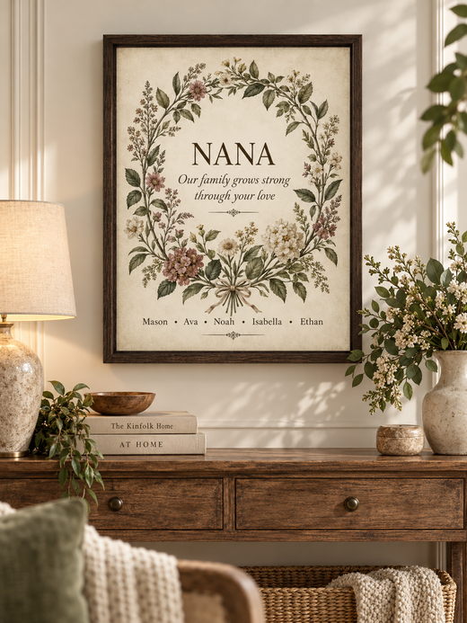 Personalized Nana botanical canvas in a warm living room with proportional 3 by 4 frame