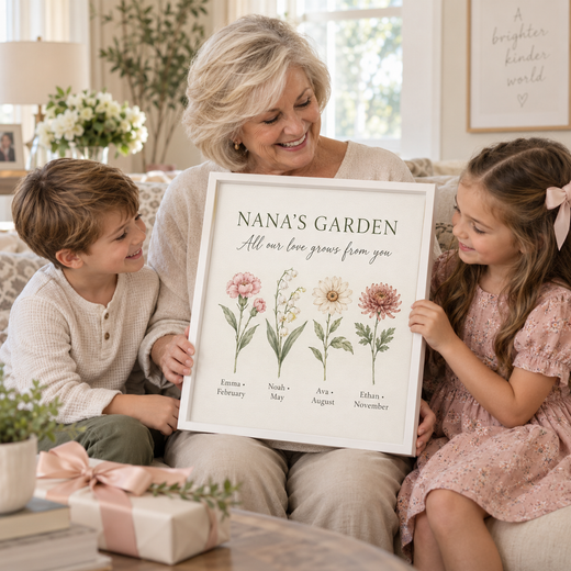Grandmother receiving a personalized Nana birth flower canvas