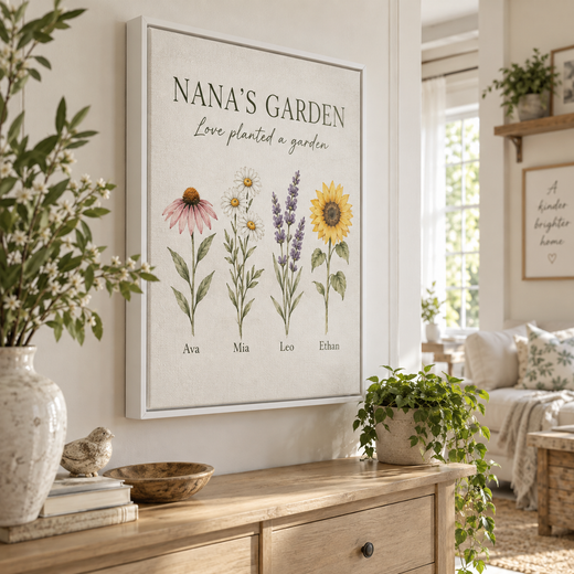 Personalized Nana’s Garden canvas displayed in a bright living room