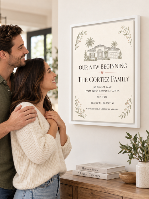 Couple admiring a personalized new home coordinates canvas in a white frame