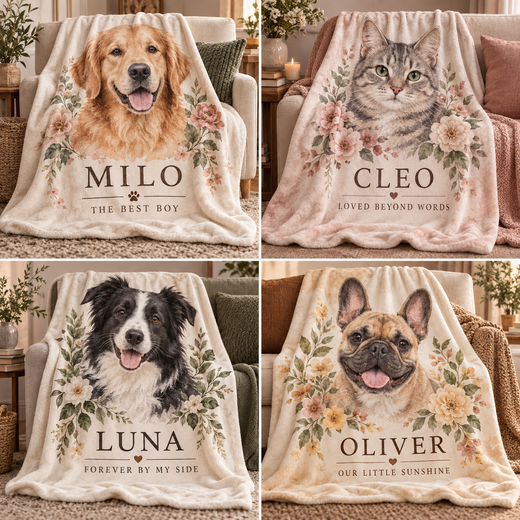 Four personalized dog and cat blanket design examples