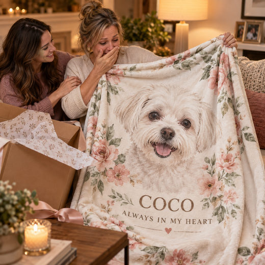 Emotional gift reveal of a custom pet memorial blanket
