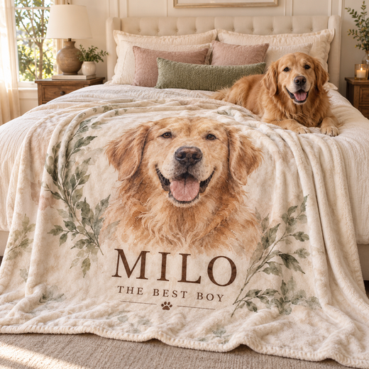 Personalized pet photo blanket with Golden Retriever Milo displayed in a warm bedroom