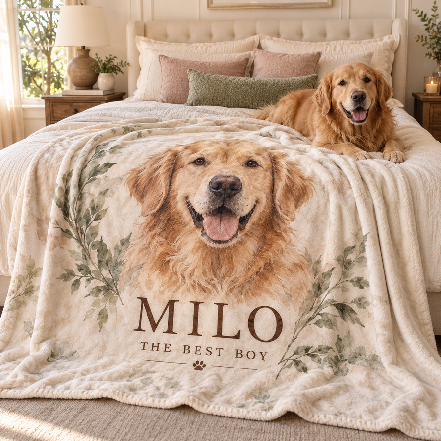 Personalized pet photo blanket with Golden Retriever Milo displayed in a warm bedroom