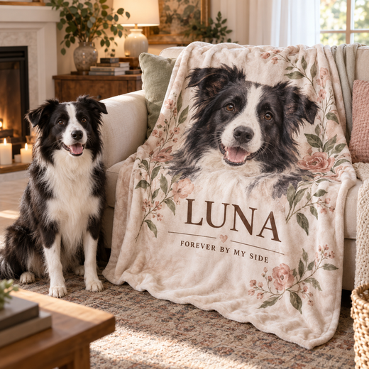 Personalized Border Collie photo blanket with Luna in a cozy living room