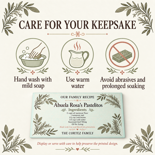 Care guide for a personalized tempered glass family recipe board