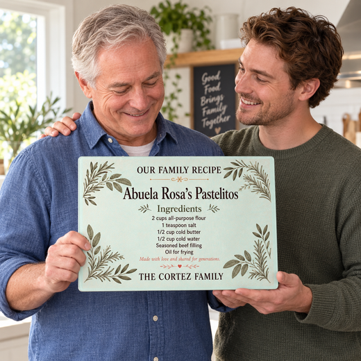 Father and son with a personalized family recipe glass cutting board