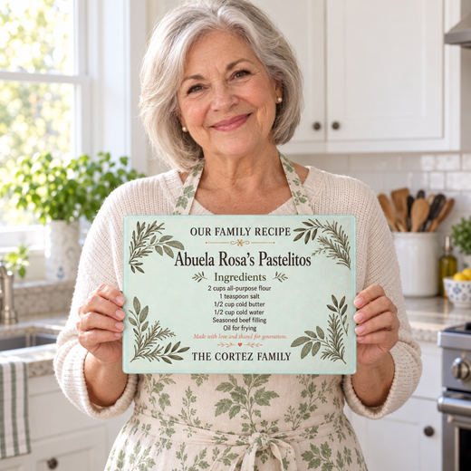 American grandmother holding a personalized family recipe glass cutting board