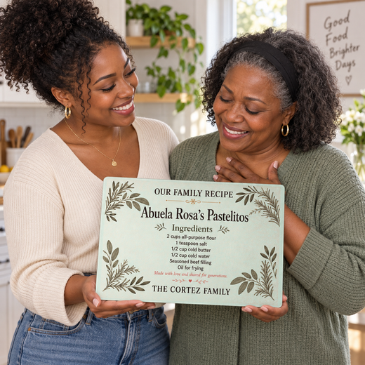 Mother and daughter receiving a personalized handwritten recipe cutting board