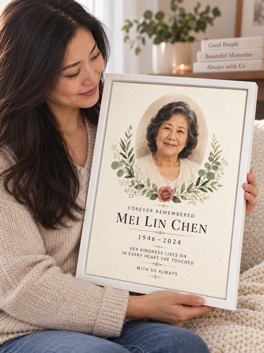 Woman holding a personalized remembrance photo canvas in a white frame