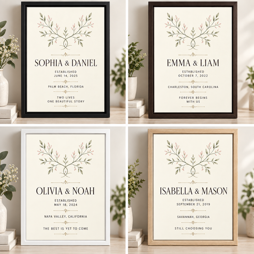 Collage of personalized wedding and anniversary canvas designs for four couples