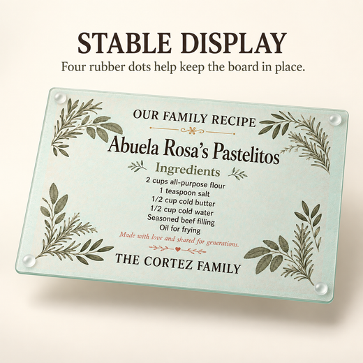Personalized glass recipe board showing four rubber stability dots