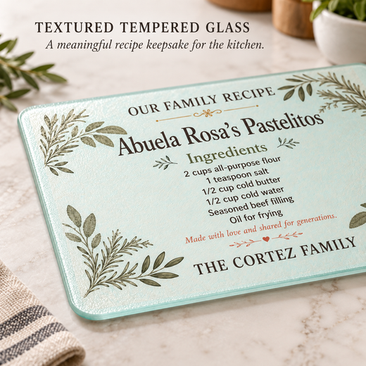 Close view of the textured tempered glass surface on a personalized recipe board