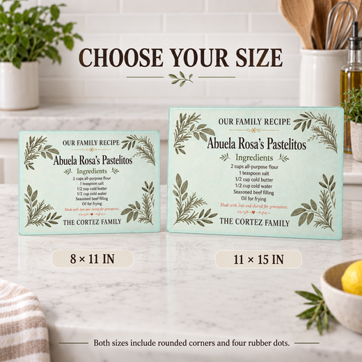 Personalized glass cutting board size comparison for 8 by 11 and 11 by 15 inches