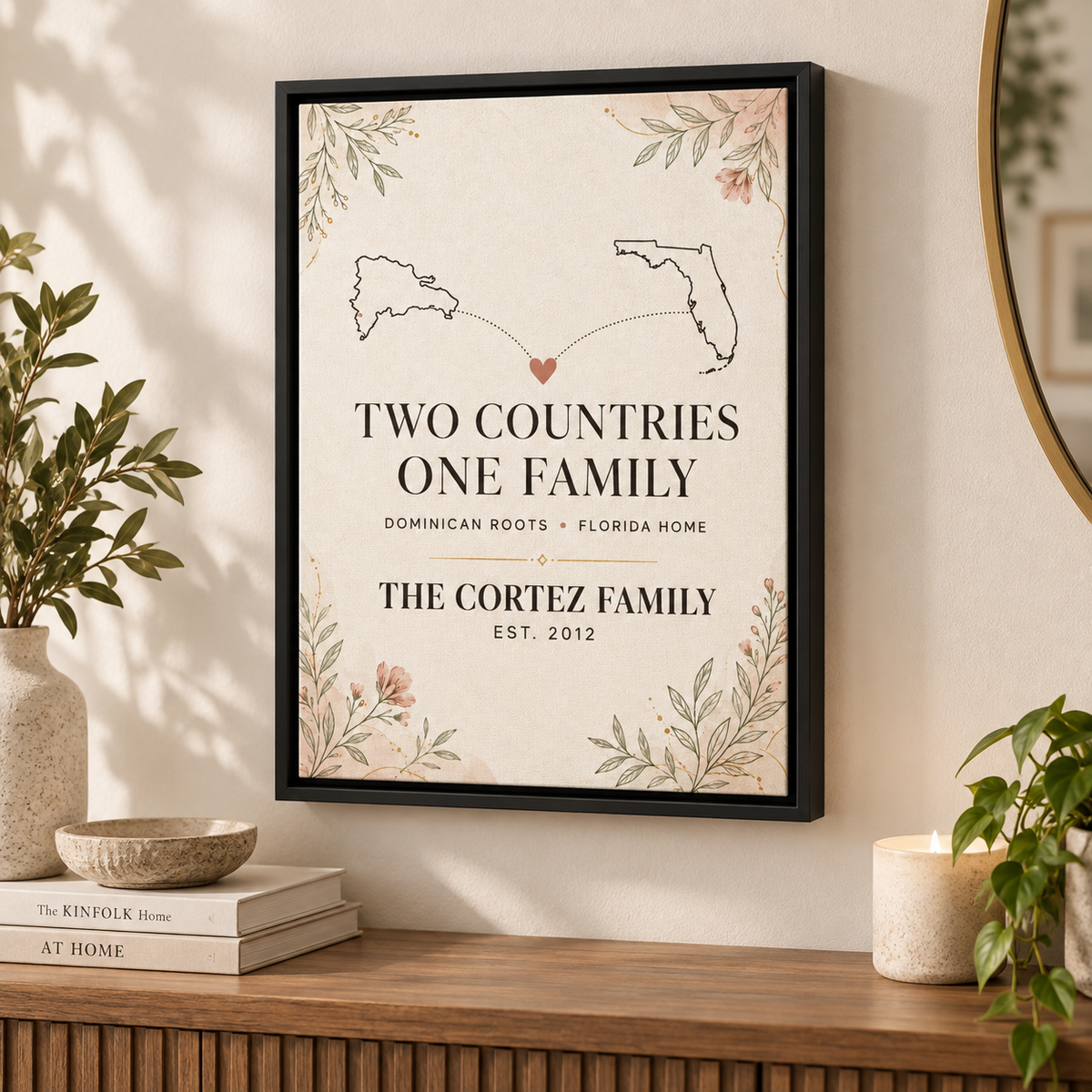 Two Countries One Family 12 by 16 canvas with black floating frame