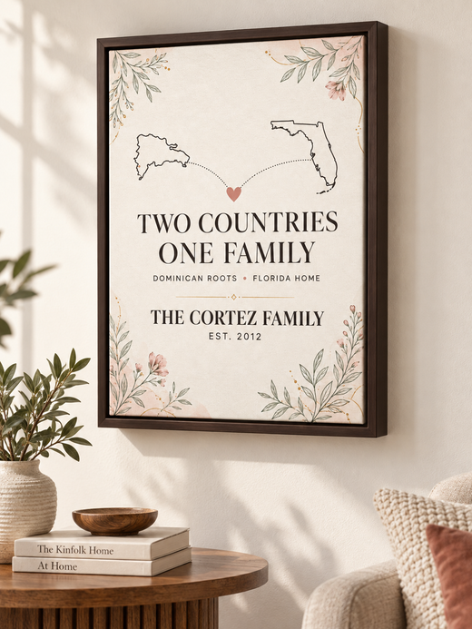 Two Countries One Family 12 by 16 canvas with espresso floating frame