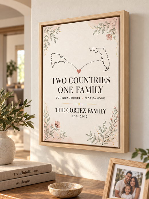 Two Countries One Family 12 by 16 canvas with natural pine floating frame