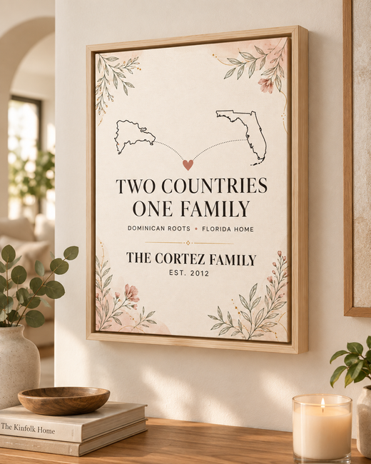 Two Countries One Family 16 by 20 canvas with natural pine floating frame