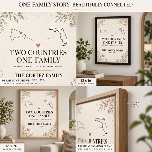 Two Countries One Family canvas collage showing sizes texture and 1.25 inch depth